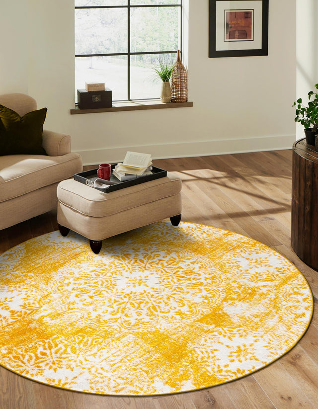 Yellow 7' 1 x 7' 1 Sofia Round Area Rug Durable Easy Clean Stain Resistant Unique Carpet for Affordable Interior Home Design for Sale at Rug Engine