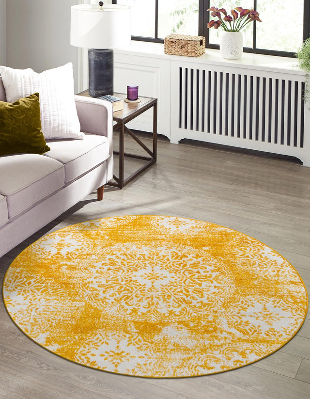 Yellow 5' 3 x 5' 3 Sofia Round Area Rug Durable Easy Clean Stain Resistant Unique Carpet for Affordable Interior Home Design for Sale at Rug Engine