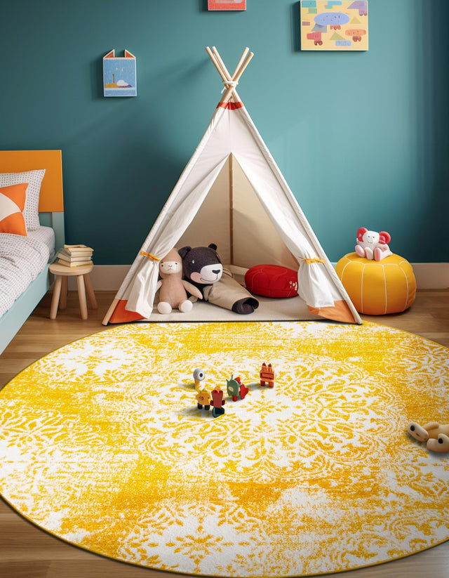 Yellow 5' 3 x 5' 3 Sofia Round Area Rug Durable Easy Clean Stain Resistant Unique Carpet for Affordable Interior Home Design for Sale at Rug Engine
