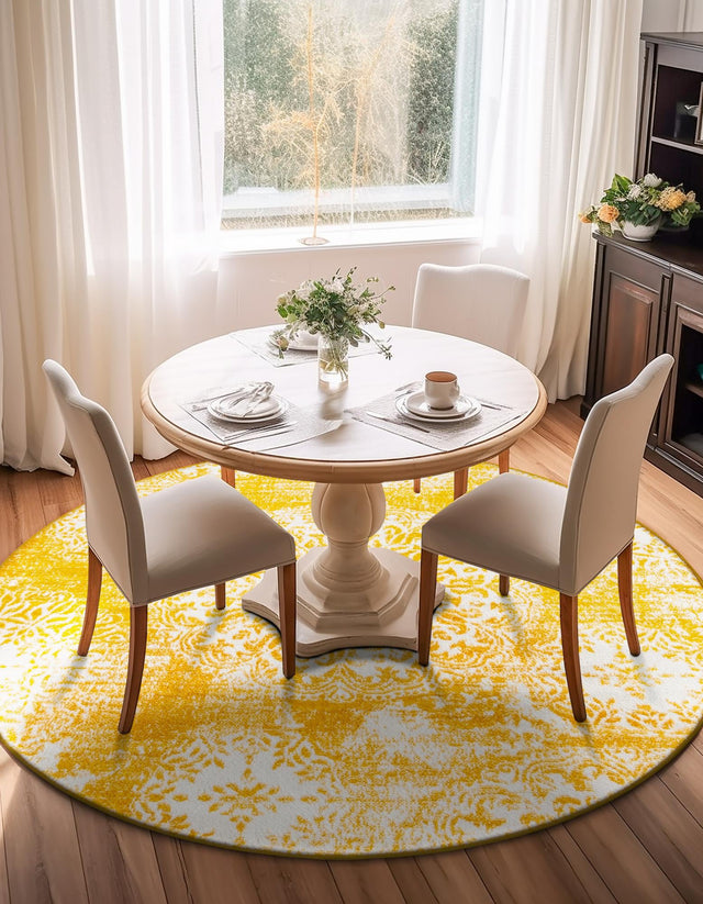 Yellow 5' 3 x 5' 3 Sofia Round Area Rug Durable Easy Clean Stain Resistant Unique Carpet for Affordable Interior Home Design for Sale at Rug Engine