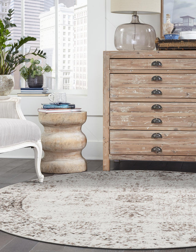 Beige 4' 1 x 4' 1 Sofia Round Area Rug Durable Easy Clean Stain Resistant Unique Carpet for Affordable Interior Home Design for Sale at Rug Engine