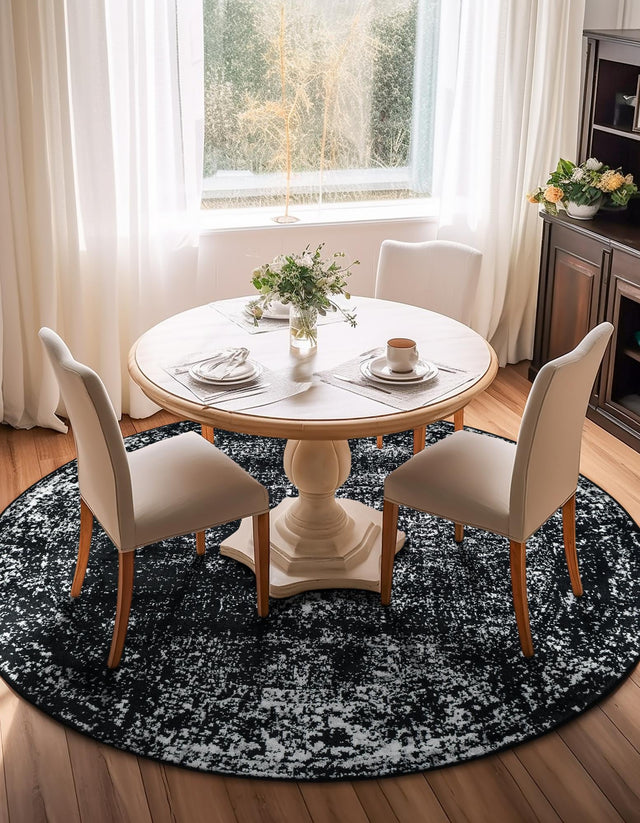 Black 7' 10 x 7' 10 Sofia Round Area Rug Durable Easy Clean Stain Resistant Unique Carpet for Affordable Interior Home Design for Sale at Rug Engine