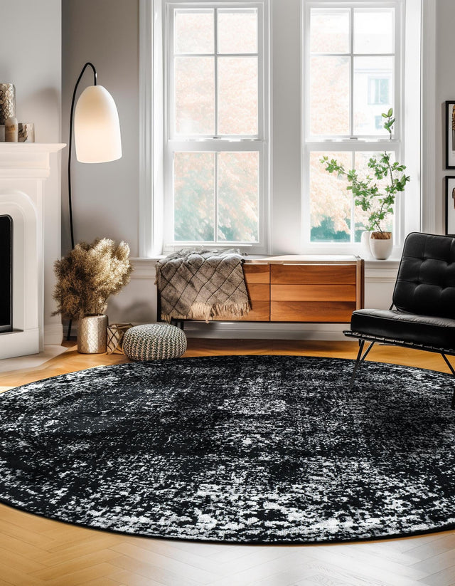 Black 6' 1 x 6' 1 Sofia Round Area Rug Durable Easy Clean Stain Resistant Unique Carpet for Affordable Interior Home Design for Sale at Rug Engine