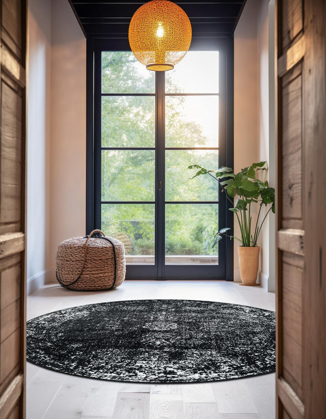 Black 6' 1 x 6' 1 Sofia Round Area Rug Durable Easy Clean Stain Resistant Unique Carpet for Affordable Interior Home Design for Sale at Rug Engine