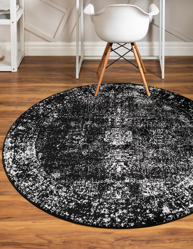 Black 7' 10 x 7' 10 Sofia Round Area Rug Durable Easy Clean Stain Resistant Unique Carpet for Affordable Interior Home Design for Sale at Rug Engine