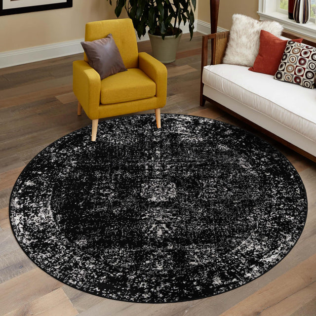 Black 7' 10 x 7' 10 Sofia Round Area Rug Durable Easy Clean Stain Resistant Unique Carpet for Affordable Interior Home Design for Sale at Rug Engine