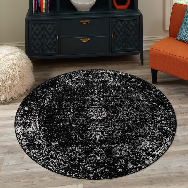 Black 7' 10 x 7' 10 Sofia Round Area Rug Durable Easy Clean Stain Resistant Unique Carpet for Affordable Interior Home Design for Sale at Rug Engine