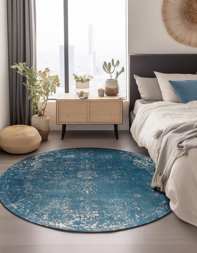 Blue 5' 3 x 5' 3 Sofia Round Area Rug Durable Easy Clean Stain Resistant Unique Carpet for Affordable Interior Home Design for Sale at Rug Engine