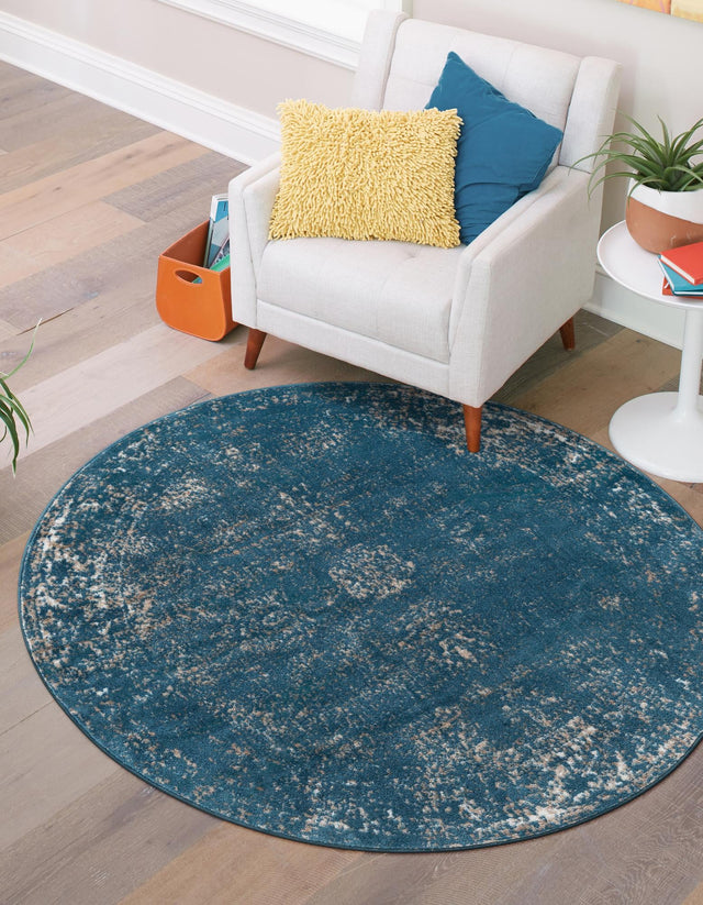 Blue 5' 3 x 5' 3 Sofia Round Area Rug Durable Easy Clean Stain Resistant Unique Carpet for Affordable Interior Home Design for Sale at Rug Engine