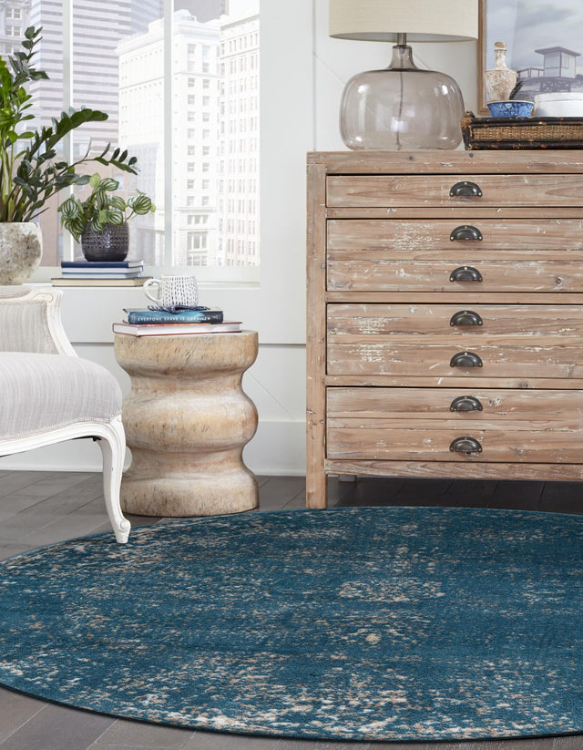 Blue 5' 3 x 5' 3 Sofia Round Area Rug Durable Easy Clean Stain Resistant Unique Carpet for Affordable Interior Home Design for Sale at Rug Engine