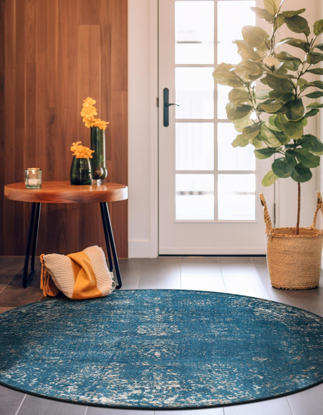 Blue 7' 1 x 7' 1 Sofia Round Area Rug Durable Easy Clean Stain Resistant Unique Carpet for Affordable Interior Home Design for Sale at Rug Engine