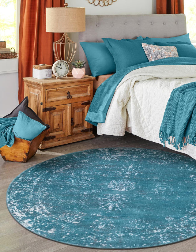 Turquoise 7' 1 x 7' 1 Sofia Round Area Rug Durable Easy Clean Stain Resistant Unique Carpet for Affordable Interior Home Design for Sale at Rug Engine