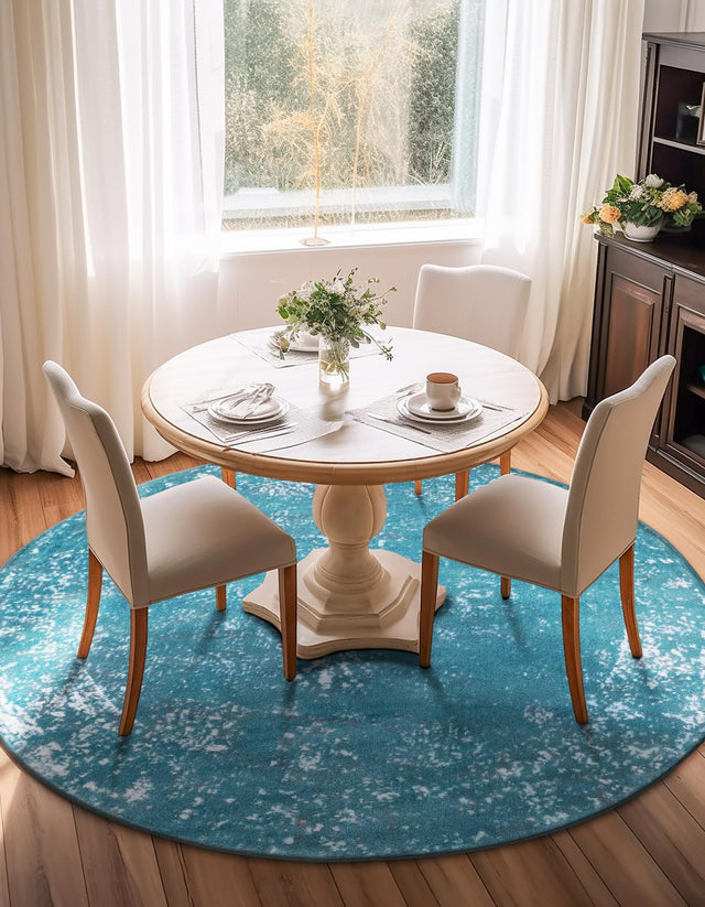Turquoise 7' 1 x 7' 1 Sofia Round Area Rug Durable Easy Clean Stain Resistant Unique Carpet for Affordable Interior Home Design for Sale at Rug Engine