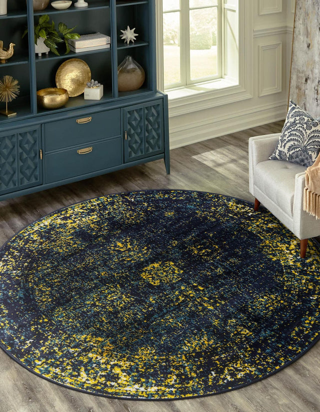 Navy Blue 7' 1 x 7' 1 Sofia Round Area Rug Durable Easy Clean Stain Resistant Unique Carpet for Affordable Interior Home Design for Sale at Rug Engine