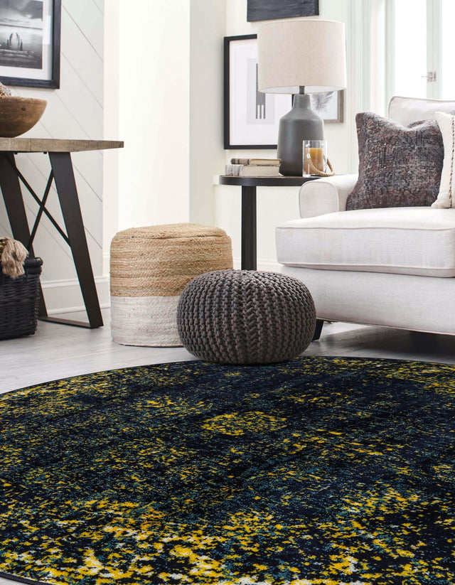 Navy Blue 7' 1 x 7' 1 Sofia Round Area Rug Durable Easy Clean Stain Resistant Unique Carpet for Affordable Interior Home Design for Sale at Rug Engine