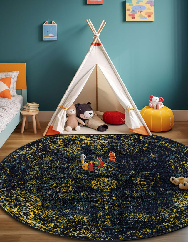 Navy Blue 5' 3 x 5' 3 Sofia Round Area Rug Durable Easy Clean Stain Resistant Unique Carpet for Affordable Interior Home Design for Sale at Rug Engine