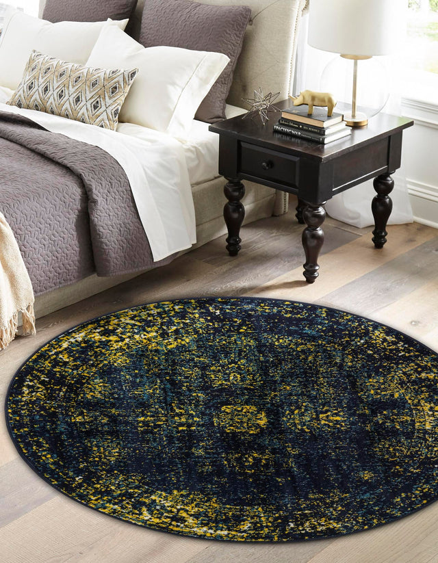 Navy Blue 5' 3 x 5' 3 Sofia Round Area Rug Durable Easy Clean Stain Resistant Unique Carpet for Affordable Interior Home Design for Sale at Rug Engine