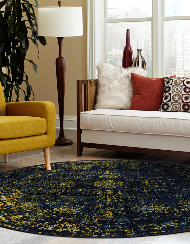 Navy Blue 7' 1 x 7' 1 Sofia Round Area Rug Durable Easy Clean Stain Resistant Unique Carpet for Affordable Interior Home Design for Sale at Rug Engine