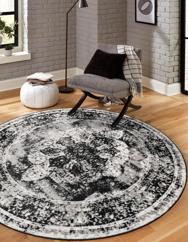Black 6' 1 x 6' 1 Sofia Round Area Rug Durable Easy Clean Stain Resistant Unique Carpet for Affordable Interior Home Design for Sale at Rug Engine