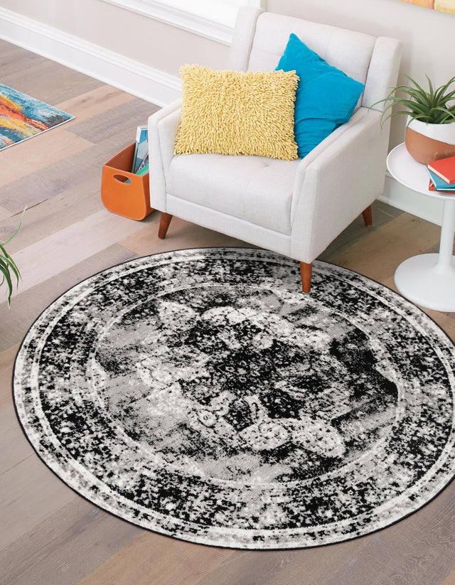 Black 6' 1 x 6' 1 Sofia Round Area Rug Durable Easy Clean Stain Resistant Unique Carpet for Affordable Interior Home Design for Sale at Rug Engine