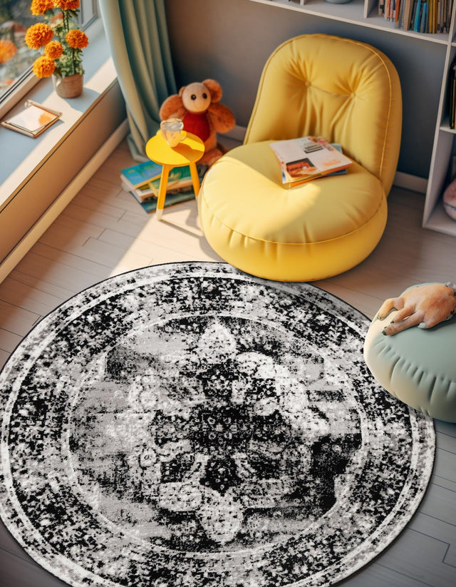 Black 6' 1 x 6' 1 Sofia Round Area Rug Durable Easy Clean Stain Resistant Unique Carpet for Affordable Interior Home Design for Sale at Rug Engine
