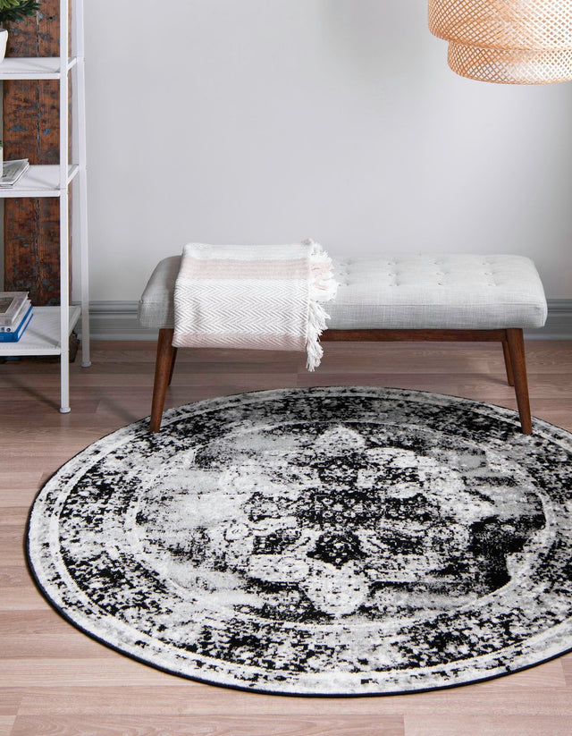 Black 6' 1 x 6' 1 Sofia Round Area Rug Durable Easy Clean Stain Resistant Unique Carpet for Affordable Interior Home Design for Sale at Rug Engine