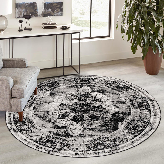 Black 6' 1 x 6' 1 Sofia Round Area Rug Durable Easy Clean Stain Resistant Unique Carpet for Affordable Interior Home Design for Sale at Rug Engine