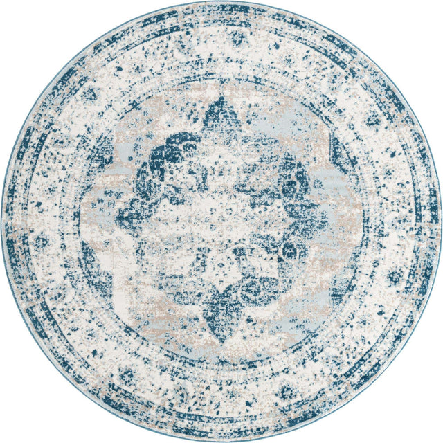 Blue 7' 1 x 7' 1 Sofia Round Area Rug Durable Easy Clean Stain Resistant Unique Carpet for Affordable Interior Home Design for Sale at Rug Engine