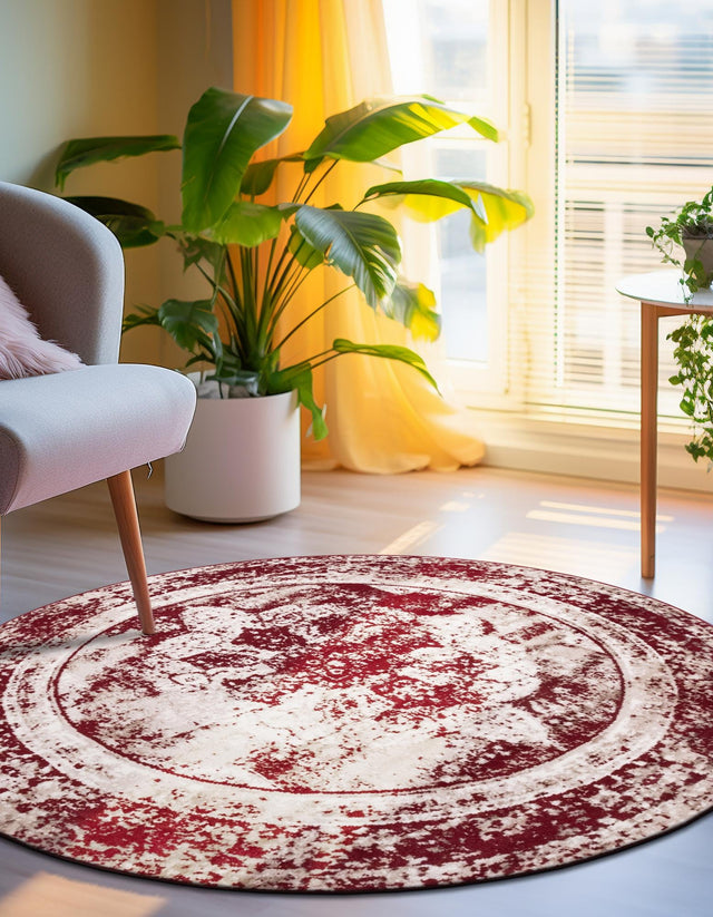 Burgundy 5' 3 x 5' 3 Sofia Round Area Rug Durable Easy Clean Stain Resistant Unique Carpet for Affordable Interior Home Design for Sale at Rug Engine