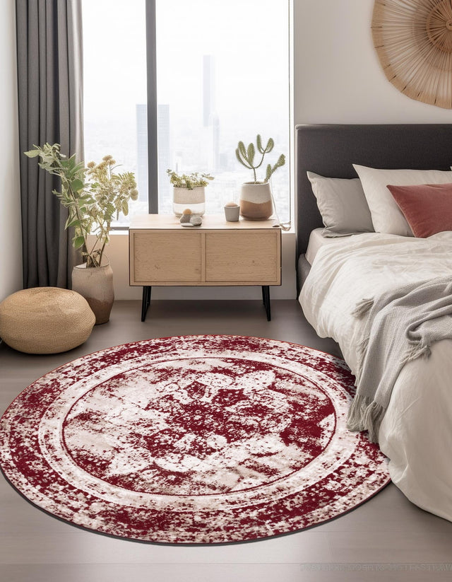 Burgundy 7' 1 x 7' 1 Sofia Round Area Rug Durable Easy Clean Stain Resistant Unique Carpet for Affordable Interior Home Design for Sale at Rug Engine