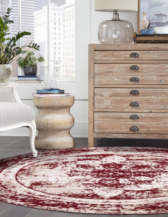 Burgundy 7' 1 x 7' 1 Sofia Round Area Rug Durable Easy Clean Stain Resistant Unique Carpet for Affordable Interior Home Design for Sale at Rug Engine