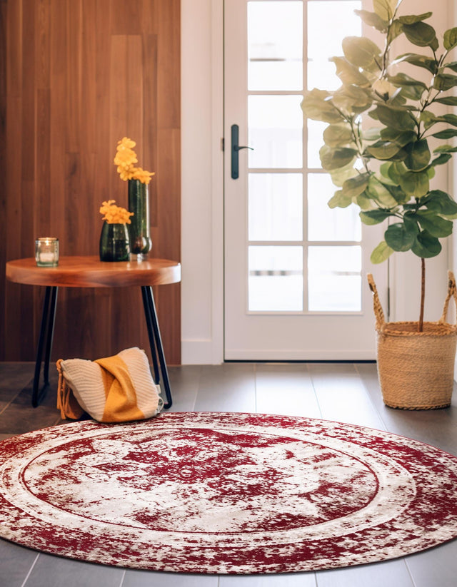 Burgundy 5' 3 x 5' 3 Sofia Round Area Rug Durable Easy Clean Stain Resistant Unique Carpet for Affordable Interior Home Design for Sale at Rug Engine