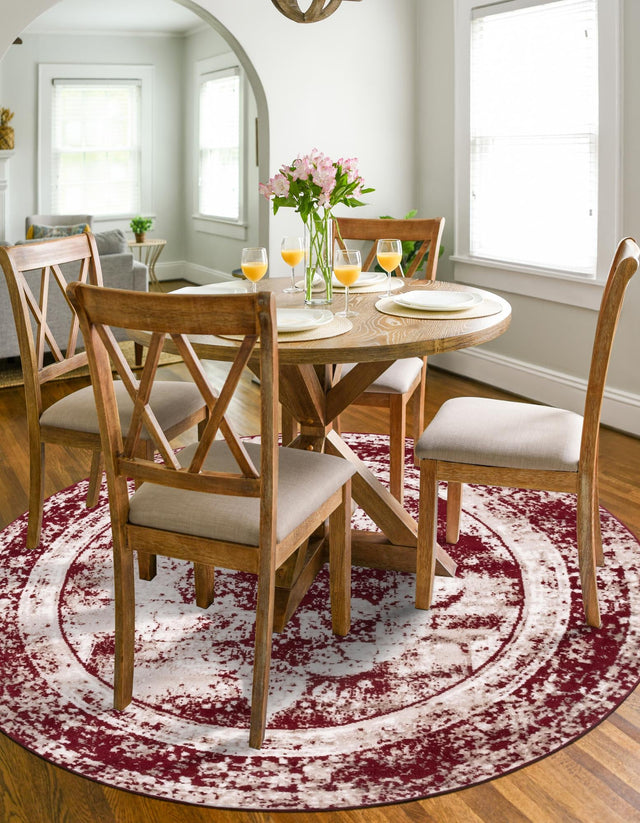 Burgundy 7' 1 x 7' 1 Sofia Round Area Rug Durable Easy Clean Stain Resistant Unique Carpet for Affordable Interior Home Design for Sale at Rug Engine
