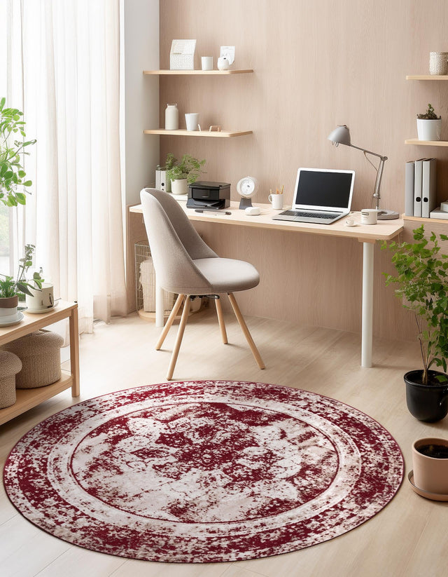 Burgundy 7' 1 x 7' 1 Sofia Round Area Rug Durable Easy Clean Stain Resistant Unique Carpet for Affordable Interior Home Design for Sale at Rug Engine