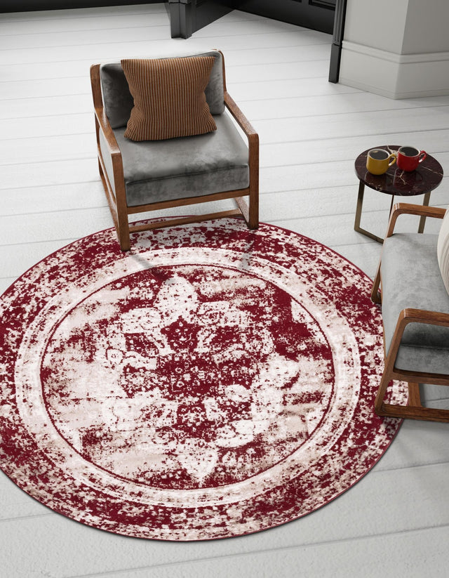 Burgundy 7' 1 x 7' 1 Sofia Round Area Rug Durable Easy Clean Stain Resistant Unique Carpet for Affordable Interior Home Design for Sale at Rug Engine