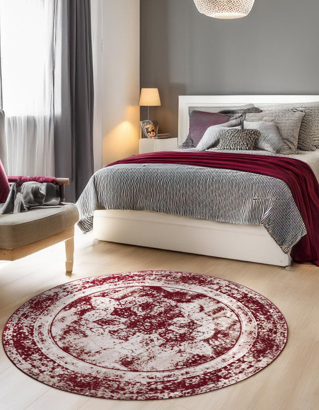 Burgundy 7' 1 x 7' 1 Sofia Round Area Rug Durable Easy Clean Stain Resistant Unique Carpet for Affordable Interior Home Design for Sale at Rug Engine