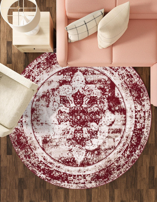 Burgundy 7' 1 x 7' 1 Sofia Round Area Rug Durable Easy Clean Stain Resistant Unique Carpet for Affordable Interior Home Design for Sale at Rug Engine