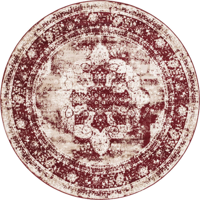 Burgundy 7' 1 x 7' 1 Sofia Round Area Rug Durable Easy Clean Stain Resistant Unique Carpet for Affordable Interior Home Design for Sale at Rug Engine