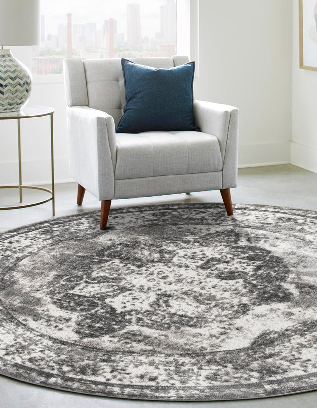 Gray 7' 10 x 7' 10 Sofia Round Area Rug Durable Easy Clean Stain Resistant Unique Carpet for Affordable Interior Home Design for Sale at Rug Engine