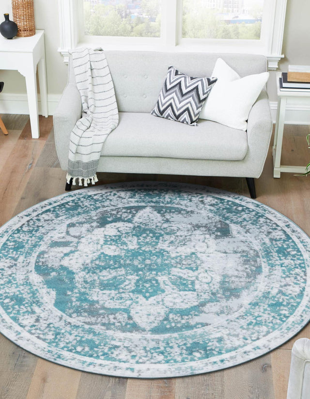 Turquoise 5' 3 x 5' 3 Sofia Round Area Rug Durable Easy Clean Stain Resistant Unique Carpet for Affordable Interior Home Design for Sale at Rug Engine