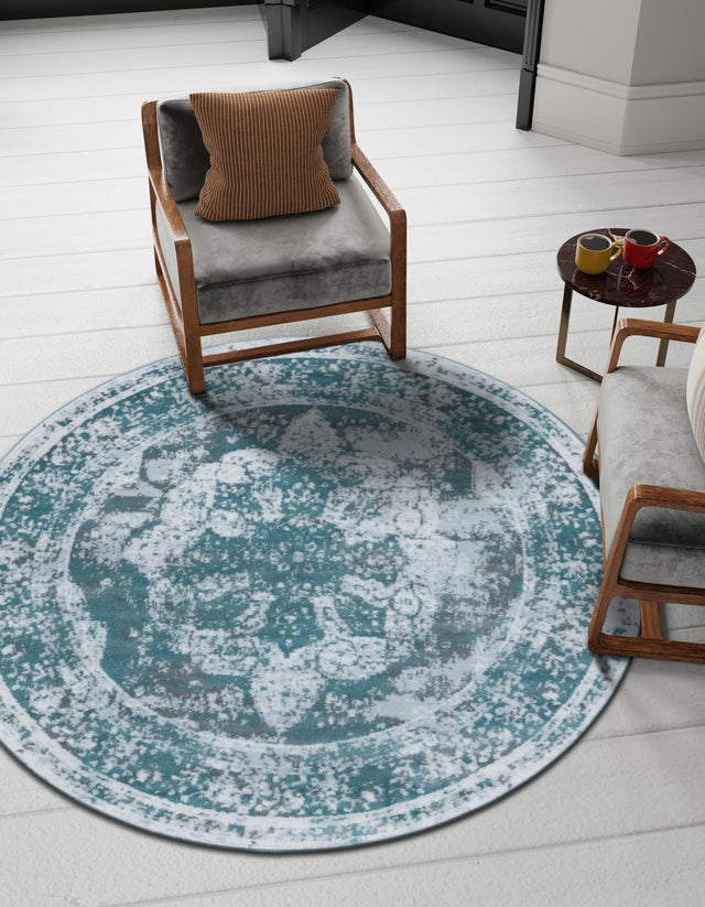 Turquoise 7' 1 x 7' 1 Sofia Round Area Rug Durable Easy Clean Stain Resistant Unique Carpet for Affordable Interior Home Design for Sale at Rug Engine