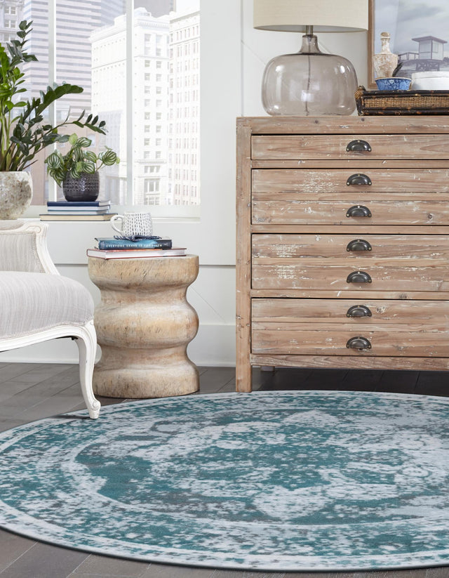 Turquoise 7' 1 x 7' 1 Sofia Round Area Rug Durable Easy Clean Stain Resistant Unique Carpet for Affordable Interior Home Design for Sale at Rug Engine