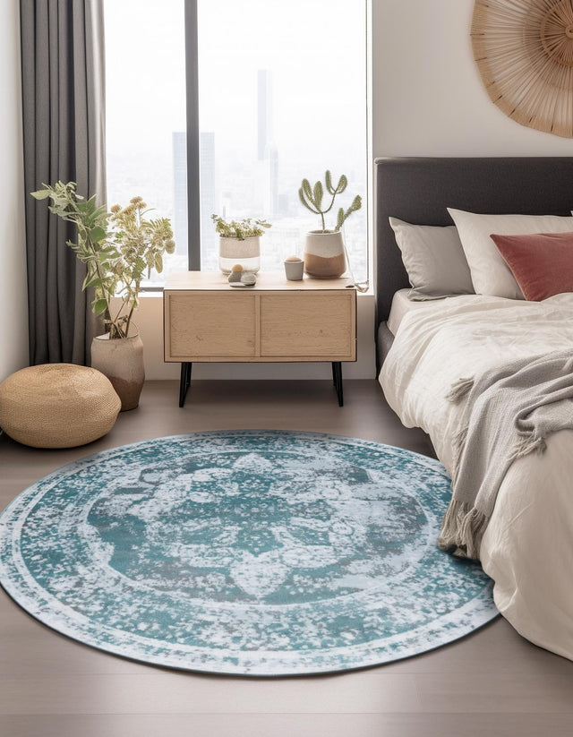 Turquoise 7' 1 x 7' 1 Sofia Round Area Rug Durable Easy Clean Stain Resistant Unique Carpet for Affordable Interior Home Design for Sale at Rug Engine