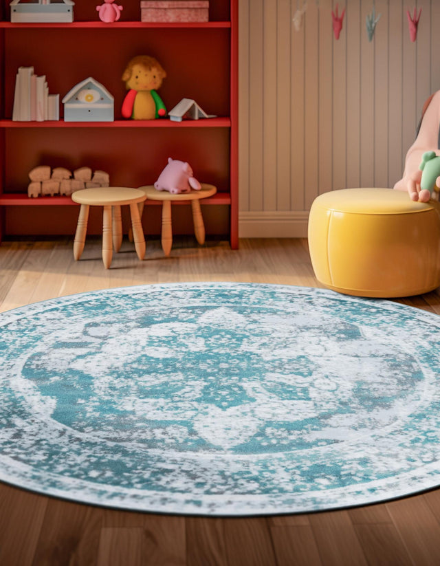 Turquoise 5' 3 x 5' 3 Sofia Round Area Rug Durable Easy Clean Stain Resistant Unique Carpet for Affordable Interior Home Design for Sale at Rug Engine