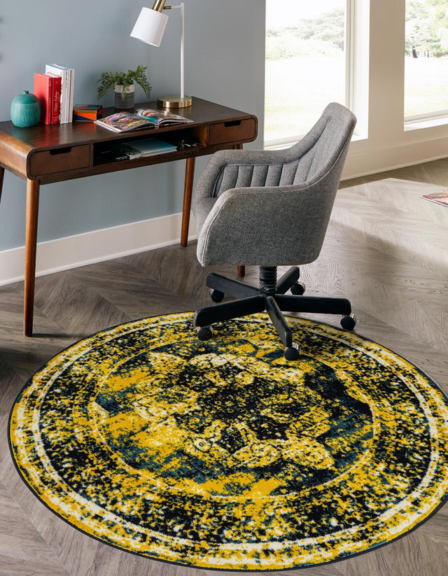 Navy Blue 5' 3 x 5' 3 Sofia Round Area Rug Durable Easy Clean Stain Resistant Unique Carpet for Affordable Interior Home Design for Sale at Rug Engine