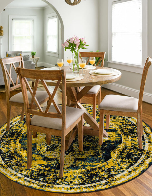 Navy Blue 7' 1 x 7' 1 Sofia Round Area Rug Durable Easy Clean Stain Resistant Unique Carpet for Affordable Interior Home Design for Sale at Rug Engine
