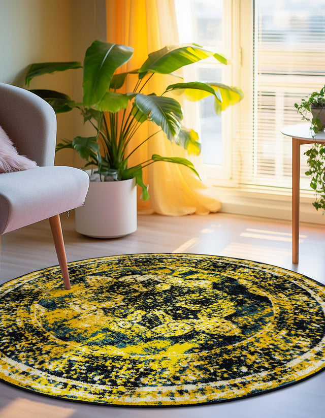 Navy Blue 5' 3 x 5' 3 Sofia Round Area Rug Durable Easy Clean Stain Resistant Unique Carpet for Affordable Interior Home Design for Sale at Rug Engine