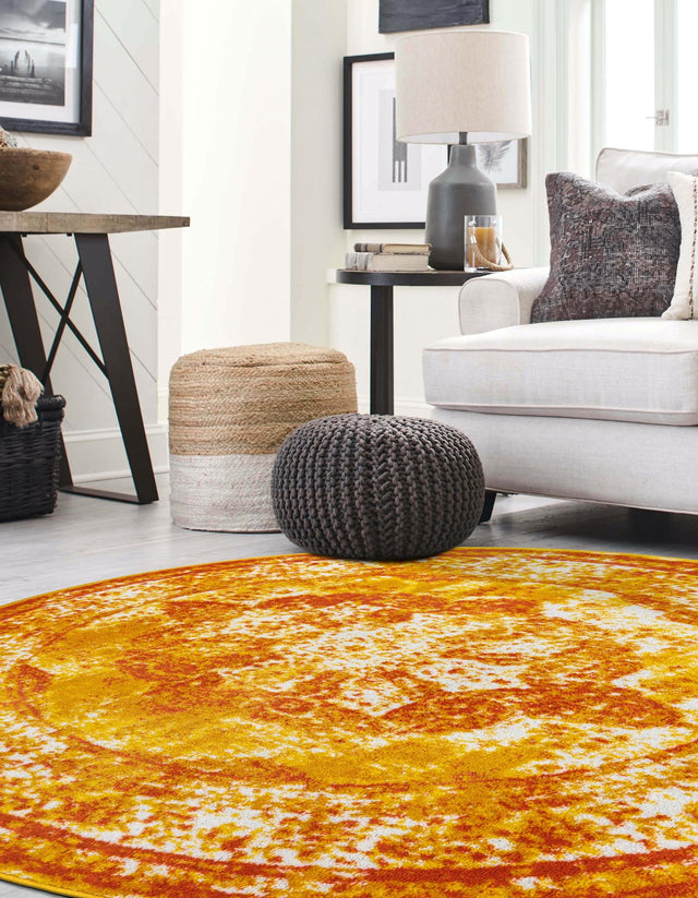 Orange 7' 1 x 7' 1 Sofia Round Area Rug Durable Easy Clean Stain Resistant Unique Carpet for Affordable Interior Home Design for Sale at Rug Engine