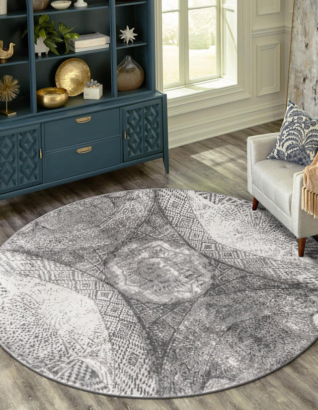 Dark Gray 5' 3 x 5' 3 Sofia Round Area Rug Durable Easy Clean Stain Resistant Unique Carpet for Affordable Interior Home Design for Sale at Rug Engine