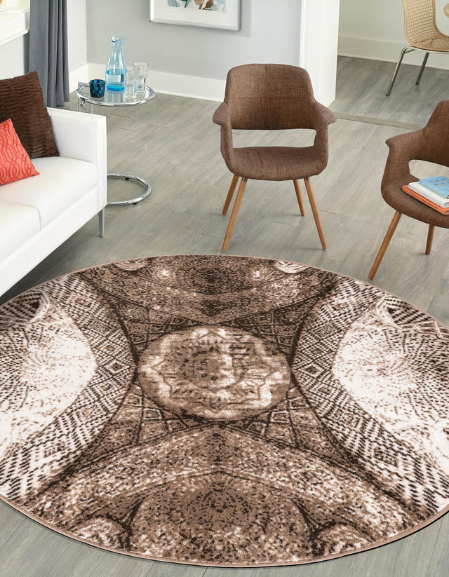 Brown 7' 1 x 7' 1 Sofia Round Area Rug Durable Easy Clean Stain Resistant Unique Carpet for Affordable Interior Home Design for Sale at Rug Engine